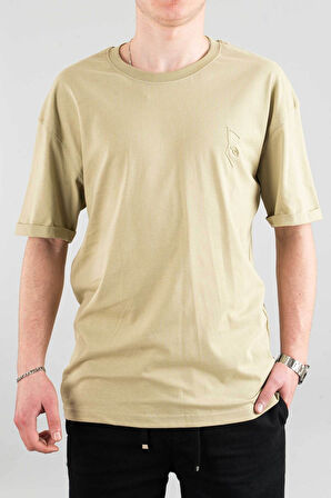 Erkek Özel Bisiklet Yaka Tişört Basic Yarı Owersize Düz Baskılı T-Shirt