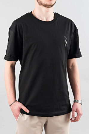 Erkek Özel Bisiklet Yaka Tişört Basic Yarı Owersize Düz Baskılı T-Shirt