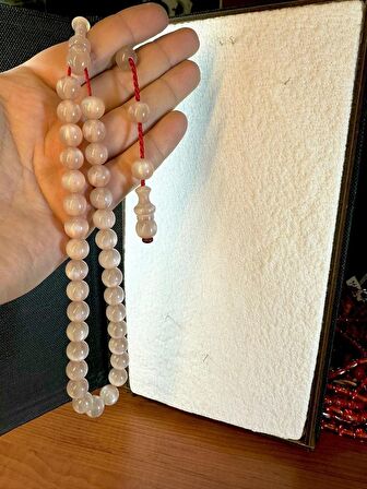 ÇUBUK KEHRİBAR TESBİH KÜRE KESİM AÇIK PEMBE-BEYAZ 10 MM T-158