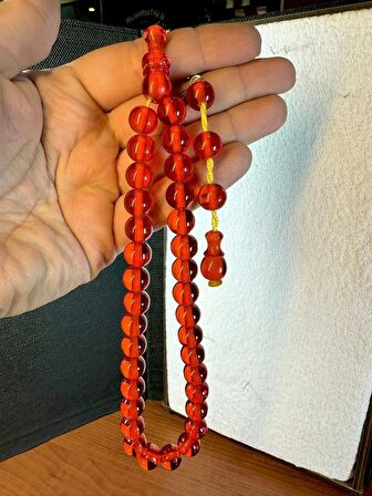 SIKMA ÇUBUK KEHRİBAR TESBİH KÜRE KESİM KIRMIZI RENKLİ T-169