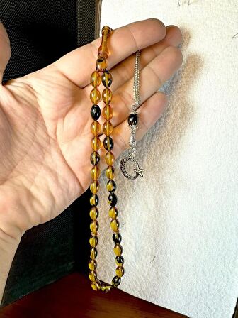 ATEŞ KEHRİBAR TESBİH SARI-SİYAH RENKLİ BEYZİ KESİM T-192