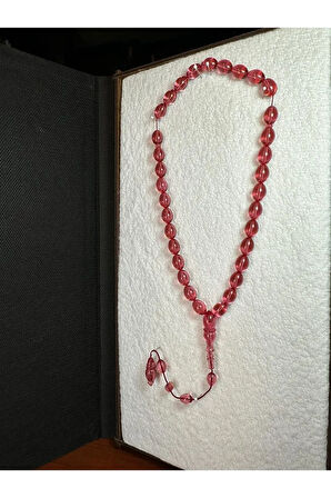 ATEŞ KEHRİBAR TESBİH PEMBE RENKLİ ŞEFFAF BEYZİ KESİM 7MM X 11 MM T-267