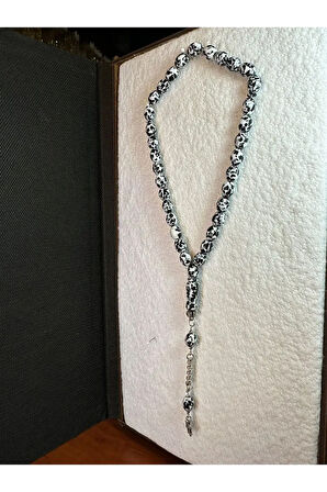 MOZAİK TOZ KEHRİBAR TESBİH SİYAH/BEYAZ RENK 7MMX11MM T-288