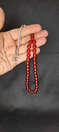 Çubuk Kehribar Tesbih Küre Kesim Kırmızı Renk T-327