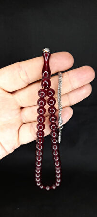 Çubuk Kehribar Tesbih Küre Kesim Bordo Renk T-363