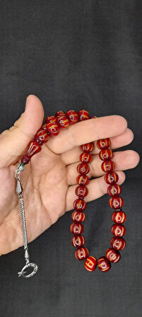 ÇUBUK KEHRİBAR TESBİH KALEM İŞÇİLİKLİ KÜRE KESİM BORDO RENK T-395