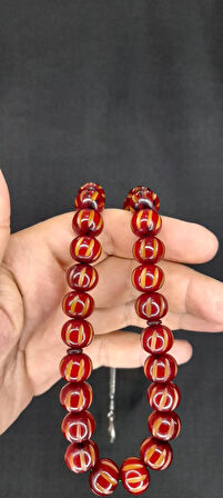 ÇUBUK KEHRİBAR TESBİH KALEM İŞÇİLİKLİ KÜRE KESİM BORDO RENK T-395