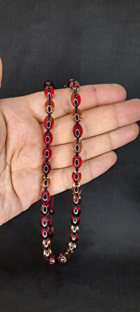 ATEŞ KEHRİBAR TESBİH KIRMIZI-ŞEFFAF RENK BEYZİ KESİM T-427