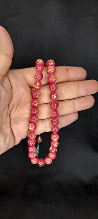 ALTIN VARAKLI UÇAK CAMI TESBİH PEMBE RENKLİ KÜRE KESİM T-446