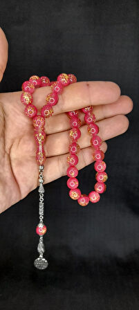 ALTIN VARAKLI UÇAK CAMI TESBİH PEMBE RENKLİ KÜRE KESİM T-446