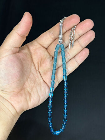 7 ADET CAM TESBİH TEK TEK HEDİYE KUTUSUNDA MAVİ RENK T-508-7