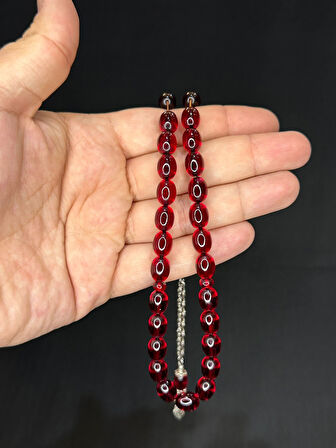 ATEŞ KEHRİBAR TESBİH BEYZİ KESİM BORDO RENK 8MM X 11MM T-515