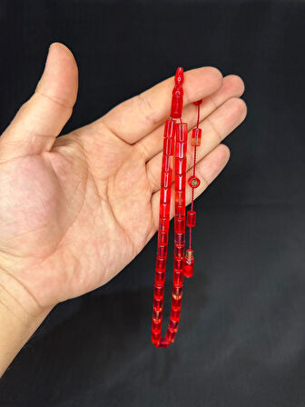 ATEŞ KEHRİBAR TESBİH KESME KESİM KIRMIZI-PEMBE RENK 10MM X 7MM T-524