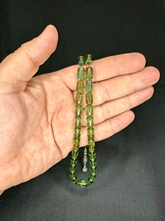 ATEŞ KEHRİBAR TESBİH KAPSÜL KESİM YEŞİL RENK 11MM X 7MM T-537