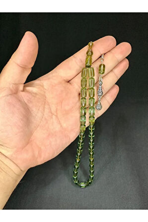ATEŞ KEHRİBAR TESBİH KAPSÜL KESİM YEŞİL RENK 11MM X 7MM T-537