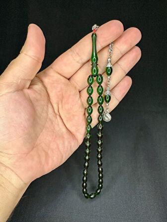 ATEŞ KEHRİBAR TESBİH ARPA KESİM YEŞİL RENK 6,5MM X 10,5MM T-538