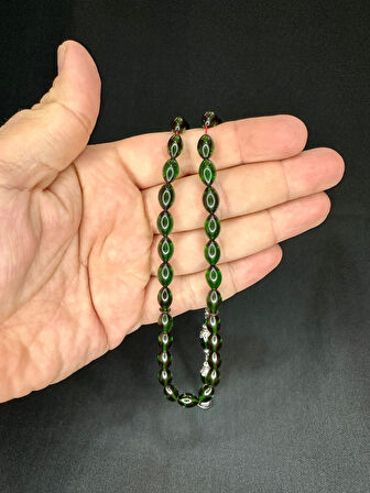 ATEŞ KEHRİBAR TESBİH ARPA KESİM YEŞİL RENK 6,5MM X 10,5MM T-538