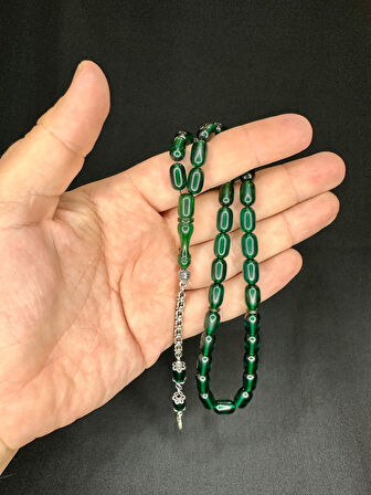 ATEŞ KEHRİBAR TESBİH KAPSÜL KESİM YEŞİL RENK 10MM X 7MM T-545