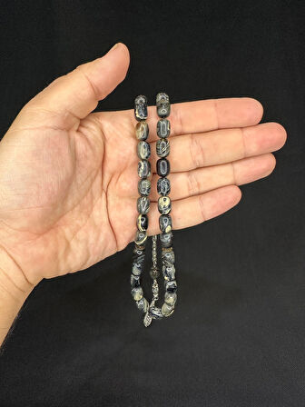 SIKMA KEHRİBAR TESBİH KAPSÜL KESİM GRİ-BEYAZ RENK 11MM X 8MM T-549