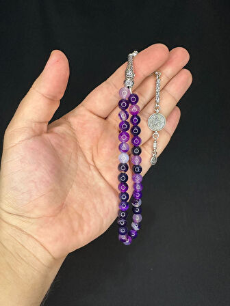 MOR AKİK DOĞALTAŞ TESBİH KÜRE KESİM 8 MM T-553