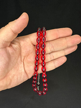 ATEŞ KEHRİBAR TESBİH BEYZİ KESİM KIRMIZI RENK 11MM X 8MM T-558