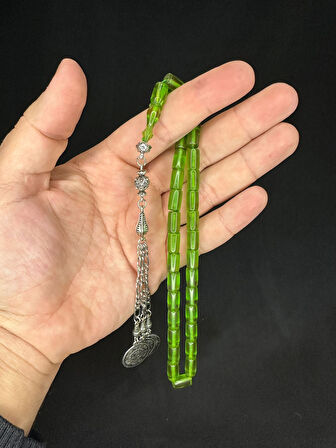 ATEŞ KEHRİBAR TESBİH YEŞİL RENKLİ KESME KESİM 10,5MMX6,5 T-585