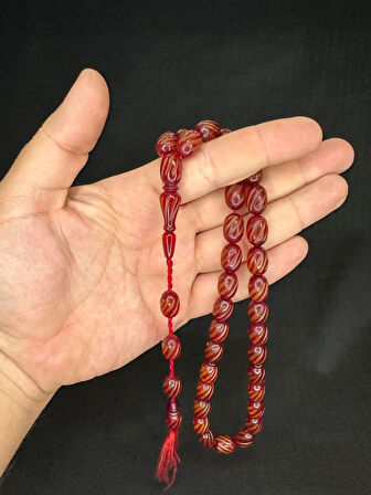 ÇUBUK KEHRİBAR TESBİH BORDO RENK KAPSÜL KESİM 14MMX10MM T-594