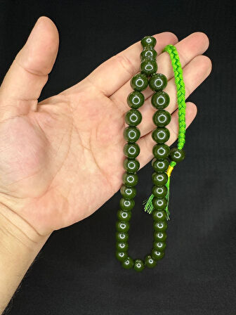 SIKMA ÇUBUK KEHRİBAR TESBİH KOYU YEŞİL RENK KÜRE KESİM 13 MM T-600