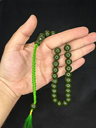 SIKMA ÇUBUK KEHRİBAR TESBİH KOYU YEŞİL RENK KÜRE KESİM 13 MM T-600