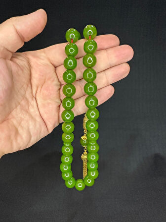 SIKMA ÇUBUK KEHRİBAR TESBİH AÇIK YEŞİL RENK KÜRE KESİM 13,5 MM T-601