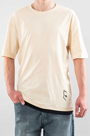 Erkek Özel Bisiklet Yaka Tişört Basic Yarı Owersize Düz Baskılı T-Shirt