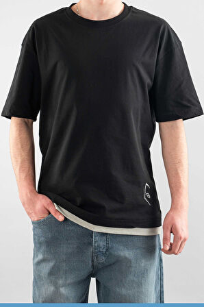 Erkek Özel Bisiklet Yaka Tişört Basic Yarı Owersize Düz Baskılı T-Shirt