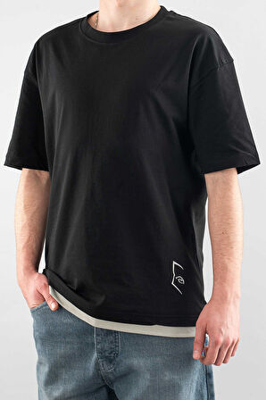 Erkek Özel Bisiklet Yaka Tişört Basic Yarı Owersize Düz Baskılı T-Shirt