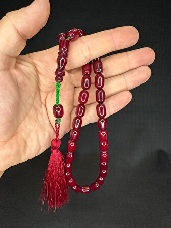 ÇUBUK KEHRİBAR TESBİH BORDO RENK KAPSÜL KESİM 13MMX9MM T-602