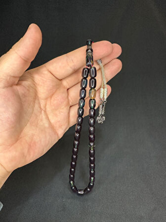 ATEŞ KEHRİBAR TESBİH YEŞİL-SİYAH RENKLİ KAPSÜL KESİM 11,5MMX7,5MM T-618