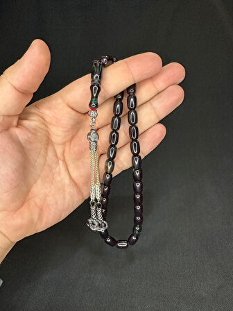 ATEŞ KEHRİBAR TESBİH YEŞİL-SİYAH RENKLİ KAPSÜL KESİM 11,5MMX7,5MM T-618