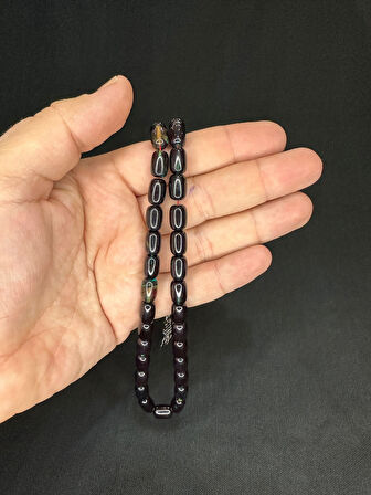 ATEŞ KEHRİBAR TESBİH YEŞİL-SİYAH RENKLİ KAPSÜL KESİM 11,5MMX7,5MM T-618