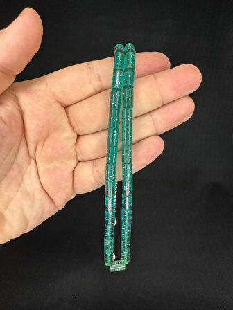 GÜMÜŞ İŞLEMELİ ATEŞ KEHRİBAR TESBİH AÇIK YEŞİL RENKLİ KESME KESİM 10,5MMX5,5MM T-646