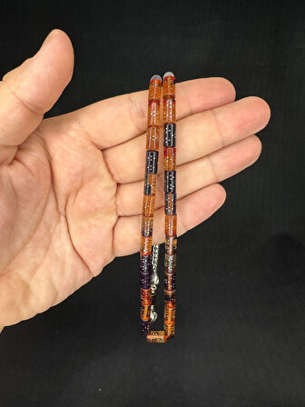 GÜMÜŞ İŞLEMELİ ATEŞ KEHRİBAR TESBİH SARI SİYAH RENKLİ KESME KESİM 10,5MMX5,5MM T-648