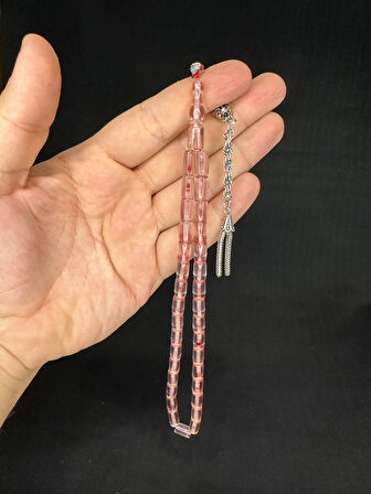 ATEŞ KEHRİBAR TESBİH AÇIK PEMBE RENKLİ KESME KESİM 10,5MMX6MM T-658