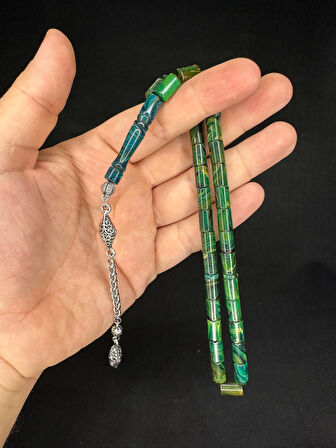 ATEŞ KEHRİBAR TESBİH YEŞİL-BEYAZ RENKLİ KESME KESİM 10,5MMX6MM T-662