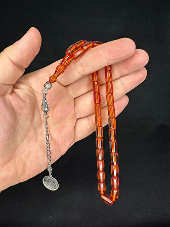 ATEŞ KEHRİBAR TESBİH AÇIK TURUNCU RENKLİ KESME KESİM 10,5MMX6MM T-663