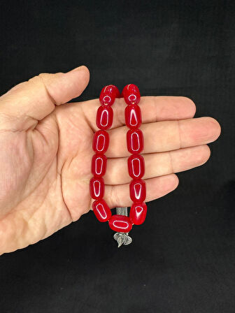 ÇUBUK KEHRİBAR TESBİH KIRMIZI RENKLİ MASKOT EFE BOY KAPSÜL KESİM 16MMX11MM T-666