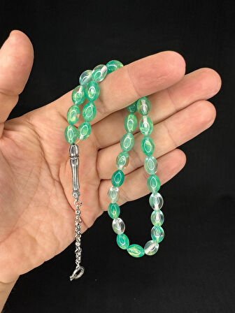 TOZ KEHRİBAR TESBİH AÇIK YEŞİL RENKLİ BEYZİ KESİM 10MMX6,5MM T-677