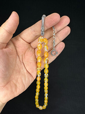 TOZ KEHRİBAR TESBİH SARI RENKLİ BEYZİ KESİM 10MMX6,5MM T-681