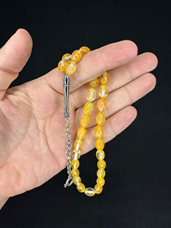 TOZ KEHRİBAR TESBİH SARI RENKLİ BEYZİ KESİM 10MMX6,5MM T-681