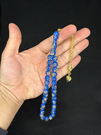 ALTIN VARAKLI UÇAK CAMI TESBİH KÜRE KESİM 10MM MAVİ RENKLİ T-685