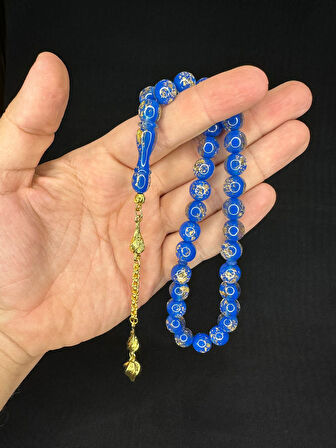 ALTIN VARAKLI UÇAK CAMI TESBİH KÜRE KESİM 10MM MAVİ RENKLİ T-685