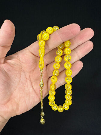 ALTIN VARAKLI UÇAK CAMI TESBİH KÜRE KESİM 10MM SARI RENKLİ T-686