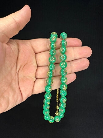 ALTIN VARAKLI UÇAK CAMI TESBİH KÜRE KESİM 10MM YEŞİL RENKLİ T-688